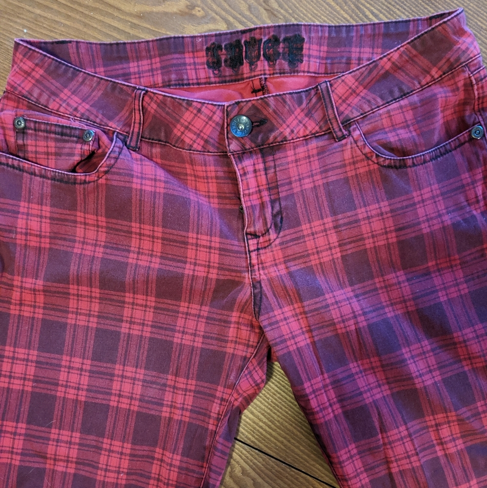 Truce red plaid skinny jeans